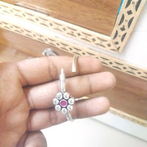 925 Silver Oxidised Pink And White Stone Open Kada