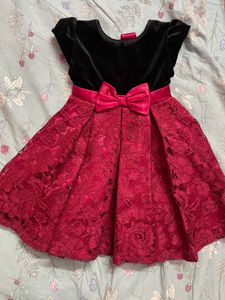 Girls Black Velvet & Red Lace Dress