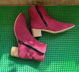 Ankle Length Red Boots With Block Heels