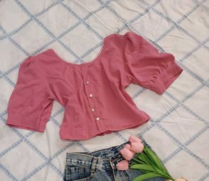Pink Buttons Down Puffed Sleeve