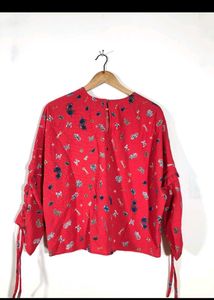 Red Floral Tie-Sleeve Blouse