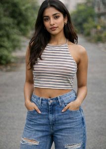 striped halter crop top and blue ripped jeans
