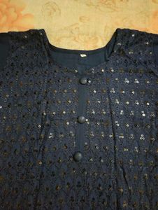 Navy &amp; White Embroidered Kurta with Skirt &amp; Dupatt