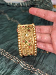 Antique Gold-Plated Hand Kada And Temple Earrings