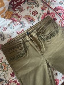 Olive Green Embroidered Jeans