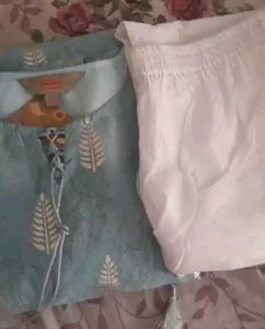 Turquoise Leaf Print Kurta Set