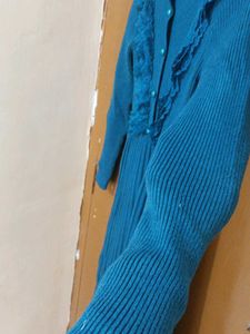Blue Knit Dress with Ruffle Detail
