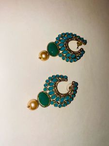 Teal &amp; Gold Statement Earrings