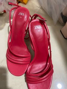 Zara Red Heeled Sandals - Size 36