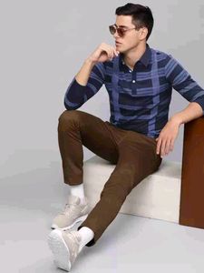 Men Checkered Polo Neck Navy Blue T-shirt