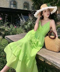Neon Green Schiffli Lace Tiered Maxi
