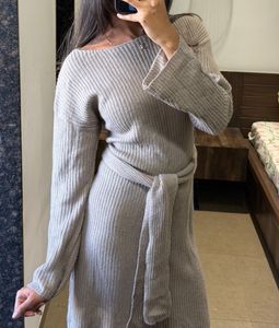 free size Ribbed Knit tie up Midi Dress