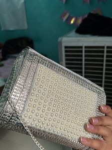 Pearl &amp; Silver Beaded Clutch