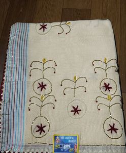 Cream Saree With Unique Pipe And Pearl Work