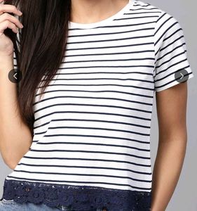 Mast Harbour White Navy Blue strip tee w lace trim