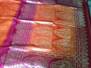 Orange &amp; Pink Silk Saree with Gold Accents