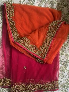 Orange & Pink Net Embroidered Saree