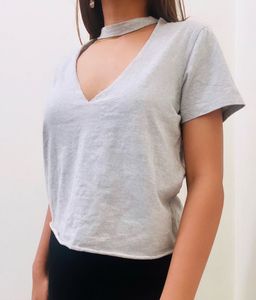 Grey V-Neck Choker T-Shirt