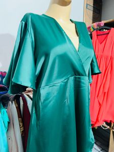 Emerald Green Satin Wrap Dress