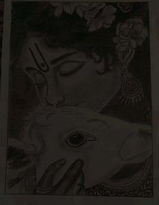 Krishna &amp; Cow Sketch - Hand-Drawn Art