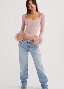 Women's Feather Long Sleeve Corset Top Faux Fur