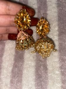 Ethnic Bridal Jhumkis with Pink and Yellow Stone