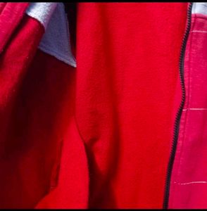 Red Colour Block Zipper Hoodie For Men Winter Wear