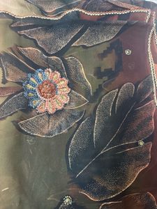 Stylish Brown &amp; Green Printed Saree with Floral Wo