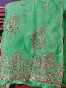 Sea Green Embellished Saree With Cut Work