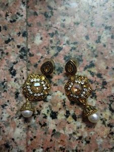 Antique Gold Jhumka Earrings with Pearl Drop