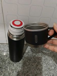 Matte Black Steel Water Bottle With Teacup