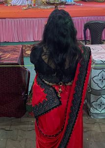 Red &amp; Black Embroidered Saree With Potli Bag