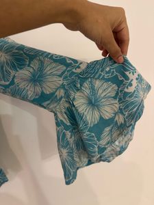 Tropical Blue Floral Boho Top with Flared Sleeves