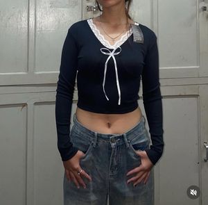 Lace Trim Ribbon Tie Crop Top