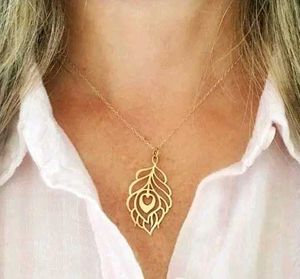 Gold Peacock Feather Pendant Necklace