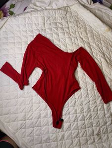 Red One Shoulder Down Bodysuit Top❤️