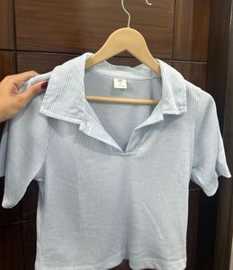Cute Blue Ribbed Polo Top from SSS