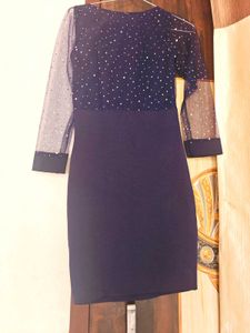 Elegant Navy Dress with Sheer Sleeves