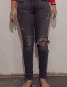 Distressed Gray Moto Jeans