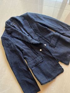 Navy Tweed Blazer with Pearl Buttons