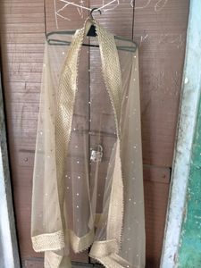 Designer,Heavy ,Long Length Golden Net Dupatta With Golden Stone And Wide Border
