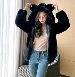 Bear Ear Hooded Faux Fur Coat