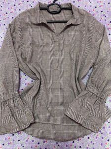 Plaid Blouse with Ruffle Sleeves