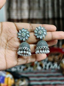 Silver Stoned Jhumka Earrings