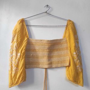 Yellow Embroidered Crop Top