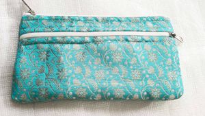 Elegant Turquoise Brocade Clutch with Silver Flora