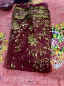 Maroon &amp; Gold Embroidered Dupatta