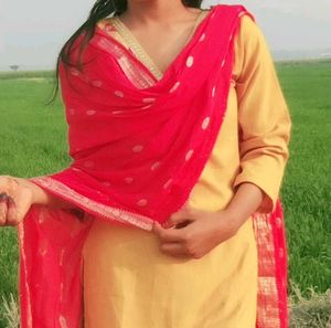 Elegant Yellow Kurta with Red Dupatta yello