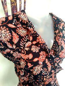Navy Blue Floral Print Ruffled Wrap Top