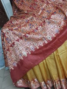 GentlyUsed MustardTusserSilk Saree withFloralBlous